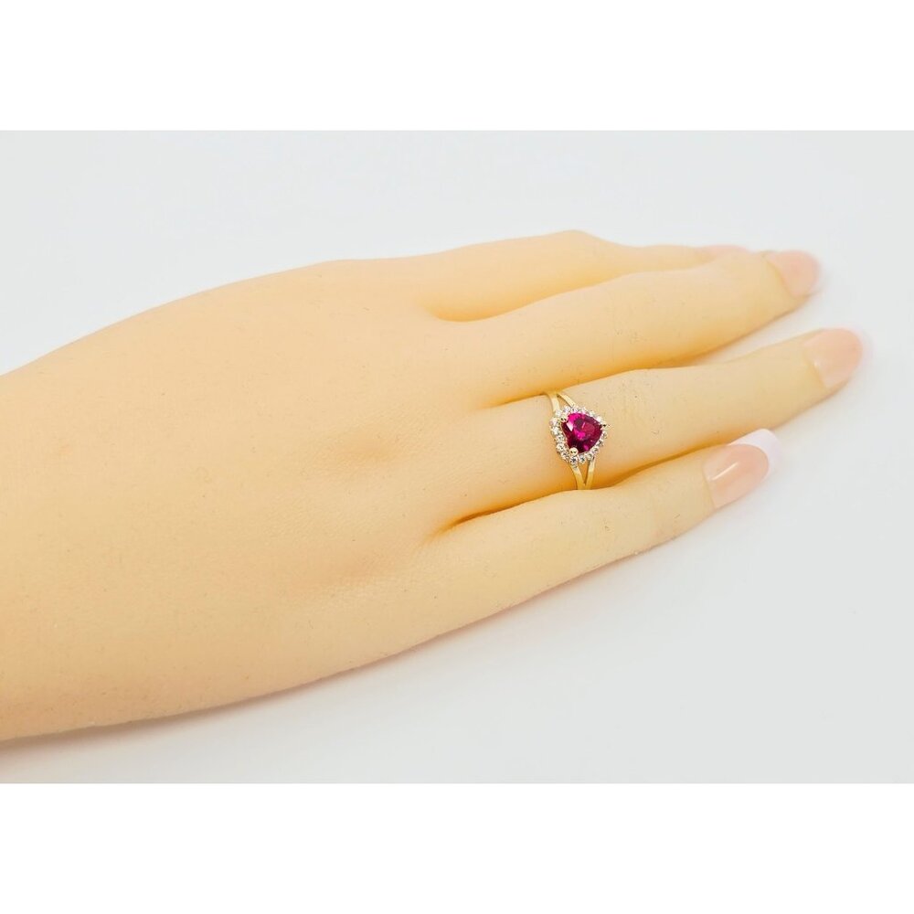 14K Solid Yellow Gold Designer Heart Shaped Synthetic Ruby & CZ Ring - Size 6.50 - Picture 9 of 14